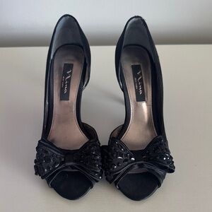 Nina Black Embellished Bow Peep-Toe Heels